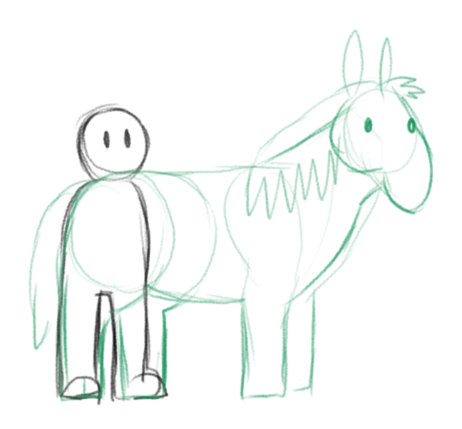 a sketch of a humanoid figure overlapping a sketch of a horse. the horse's hind legs intersect with the humanoid legs.